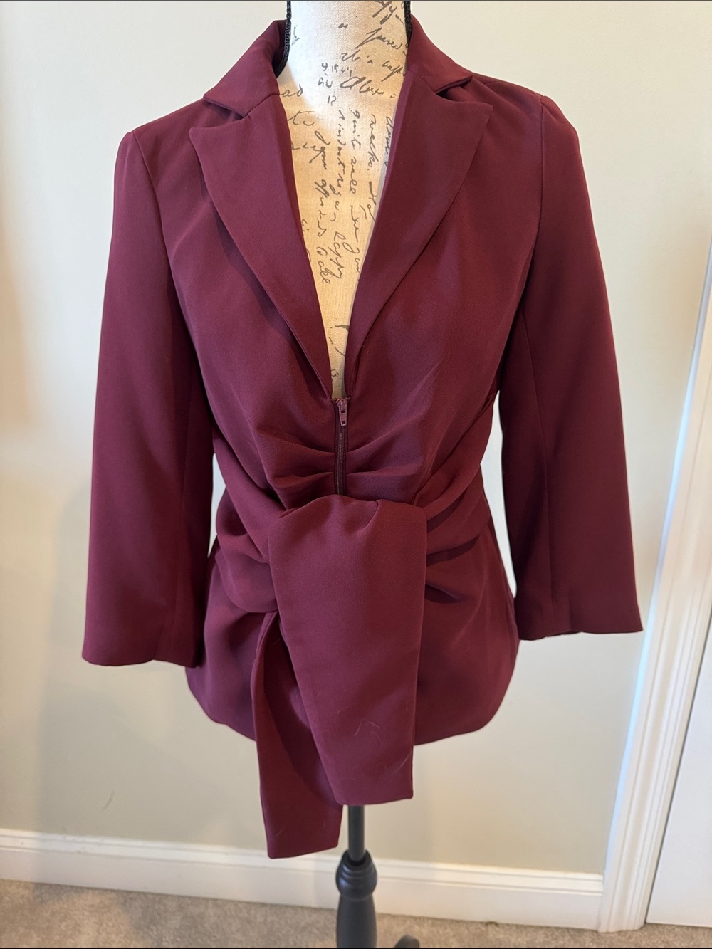 Women's Draped Tie-Front Blazer Jacket in Burgundy